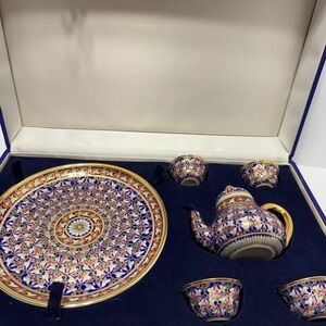 Source Unknown Blue, Gold, Pink Floral Porcelain Tea Set with Tray